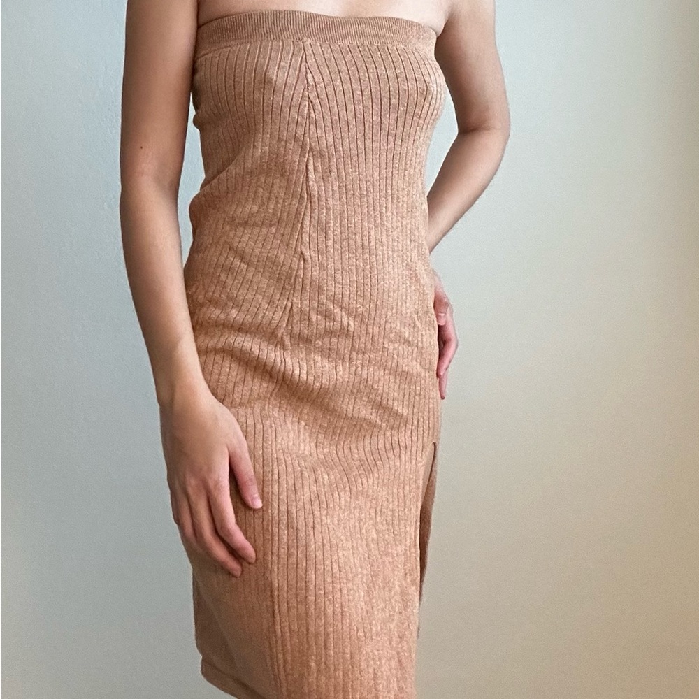 Free People Strapless Ribbed Knit Midi Dress in Camel